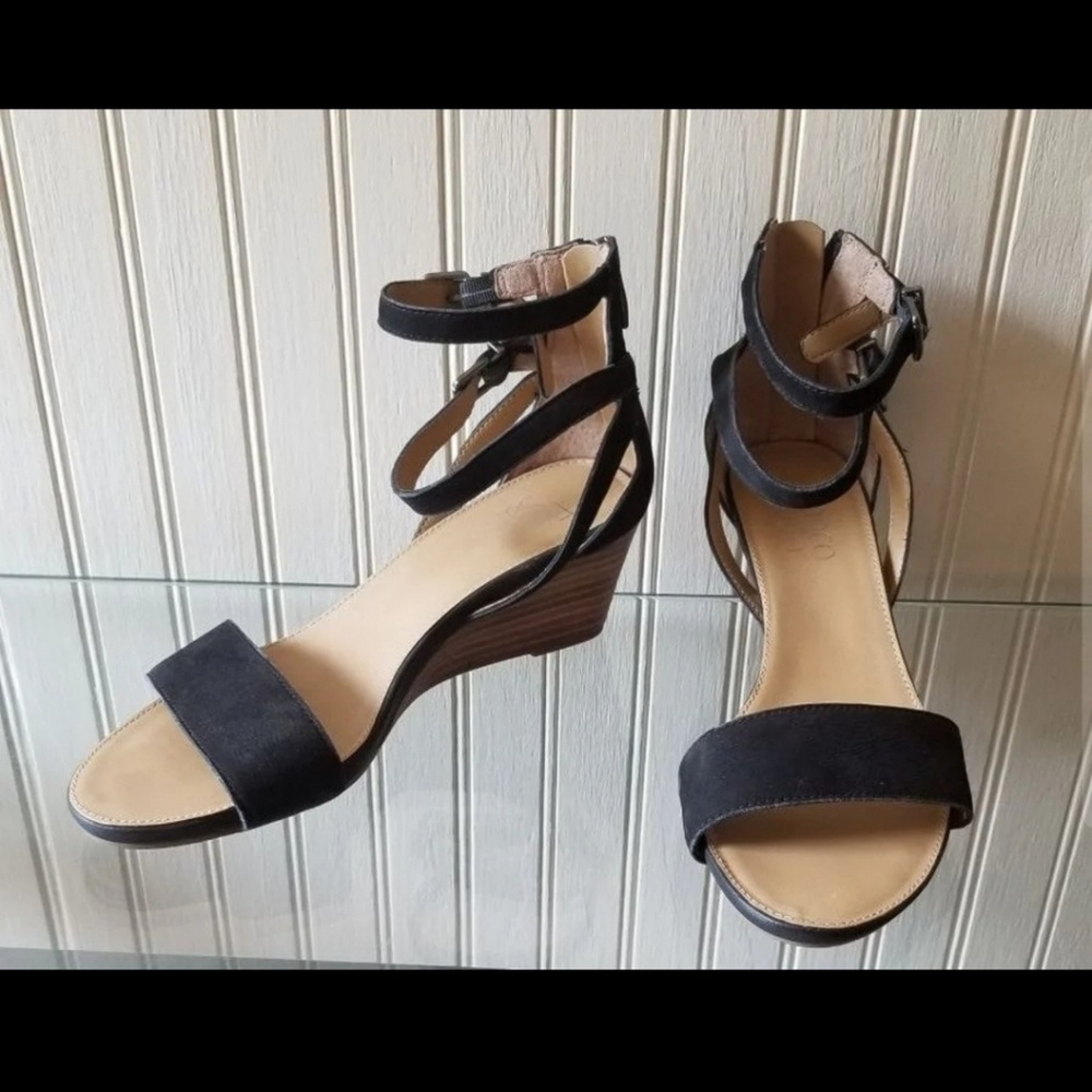 Franco Sarto sandals black leather wedge heels